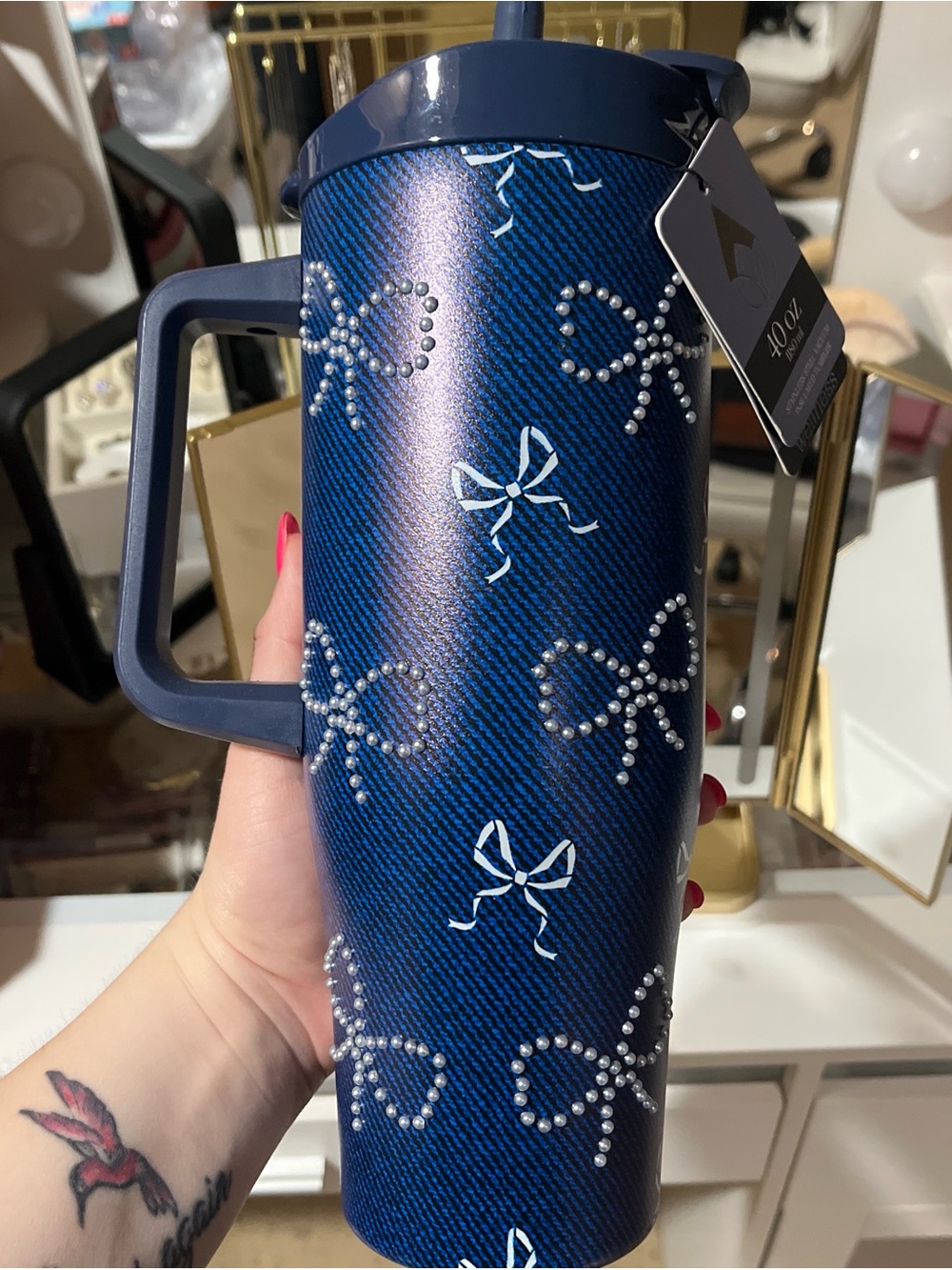 Embellished Navy Bow Travel Tumbler